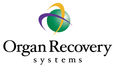 Logo for Organ Recovery Systems which features a global encompassed by two crescent shaped interlocking elements. 
