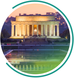 View of the iconic architecture of Washington DC in the USA with its neoclassic building and monuments at sunrise.