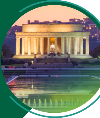 View of the iconic architecture of Washington DC in the USA with its neoclassic building and monuments at sunrise.